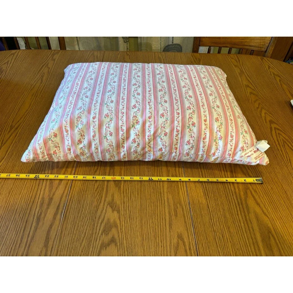 Vintage feather down pillow Harris bluprint ticking floral white pink stripes